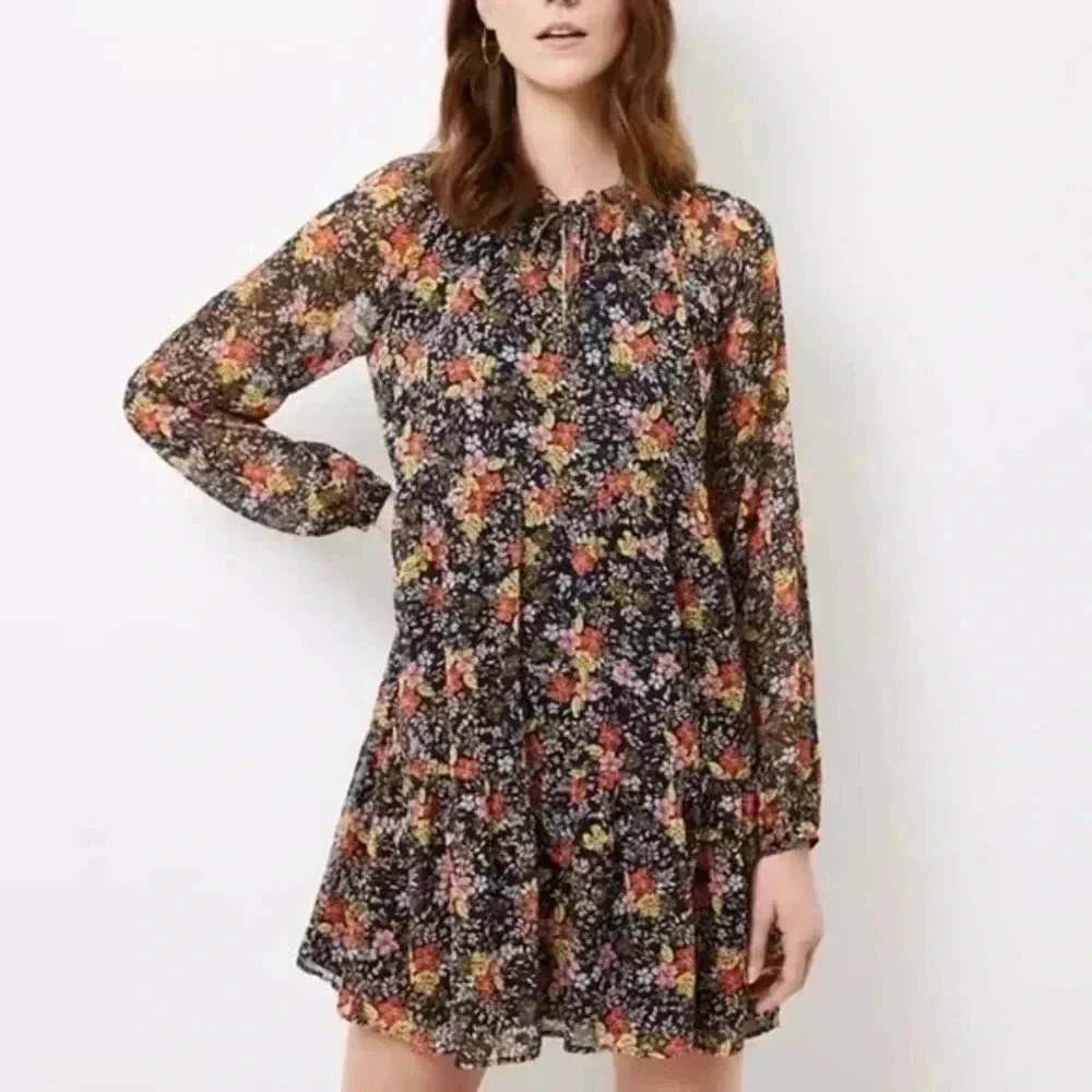 LOFT navy Floral Tie Neck Flowy floral Swing Dress Sz M